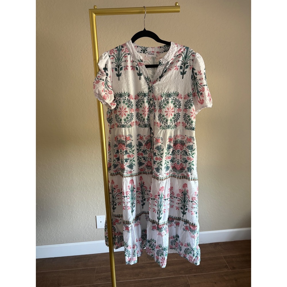 Kindred Dress White Floral Tiered Midi Cotton L Boho‎ Garden Cottagecore